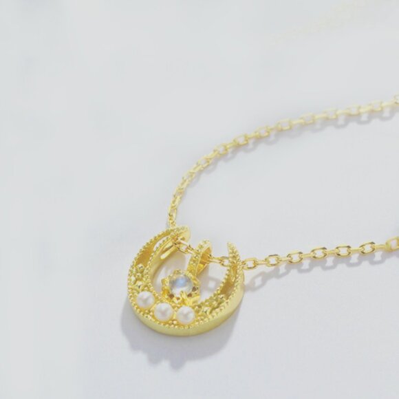 Genuine moonstone freshwater pearl necklace in gold vermeil layered over silver - Picture 6 of 6
